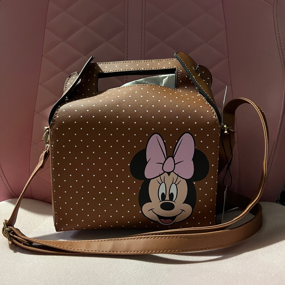 Disney Brown Polka Dot Minnie Mouse Crossbody Bag with Pink Bow